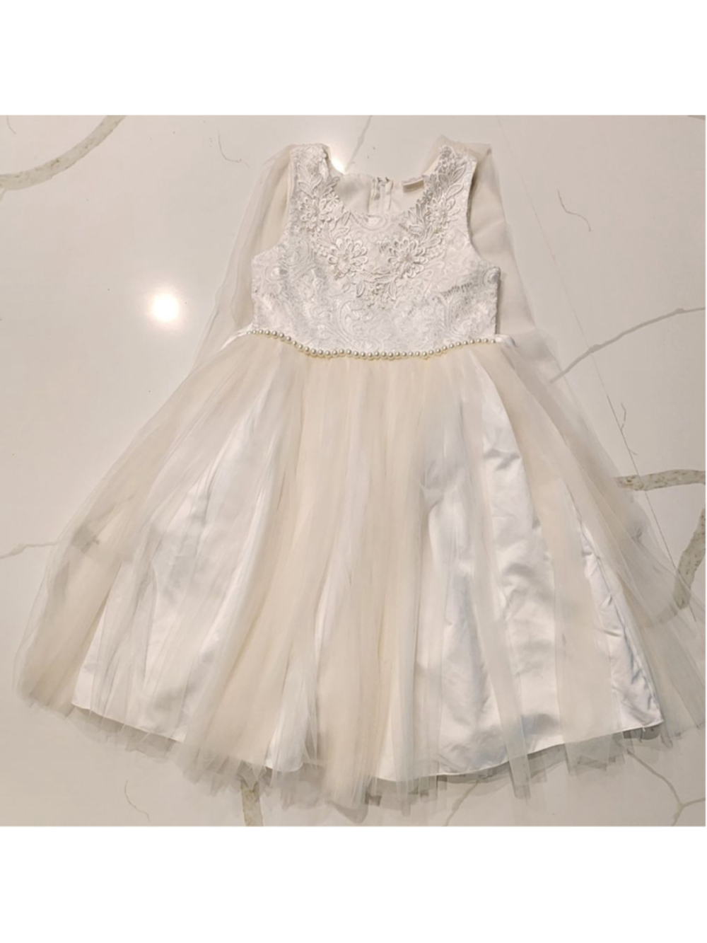 White Lace Tulle Dress Girls Size 8 Pearls Bow Wedding Pageant Formal Communion